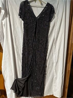 Rene Ruiz Black Beaded V-Neck Maxi Dress